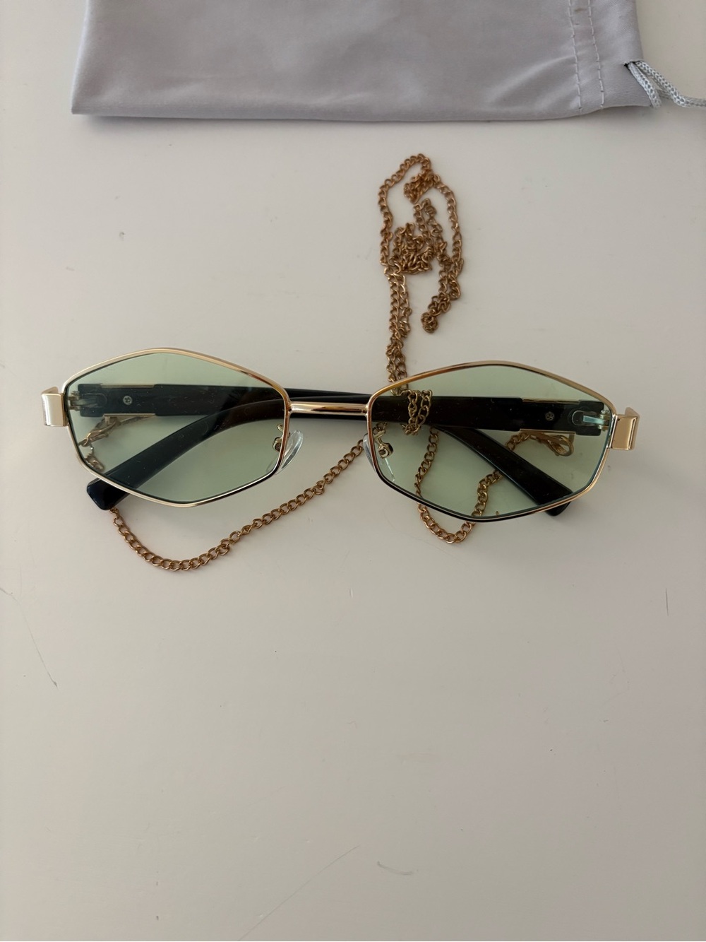 Gold Frame Green Lens Women's Sunglasses with Detachable Chain